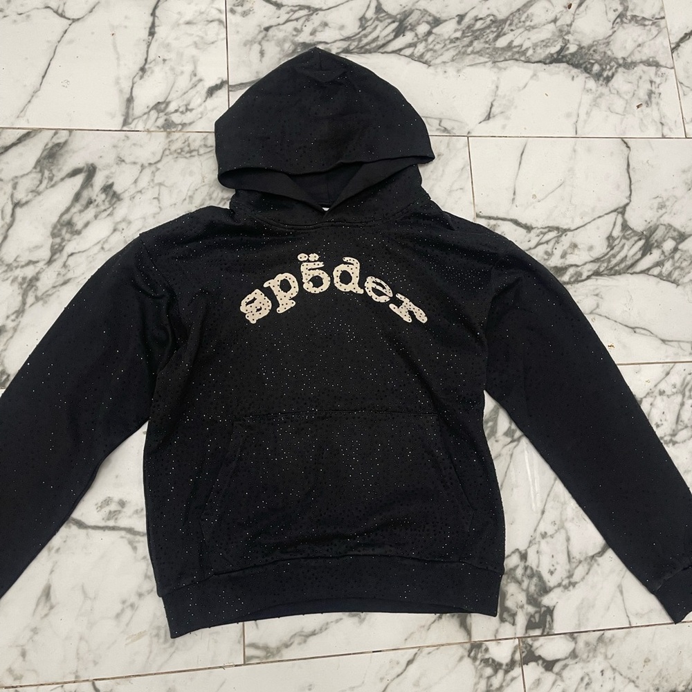 Rhine Stone Spider Black Hooded Sweater  with Distressed Logo